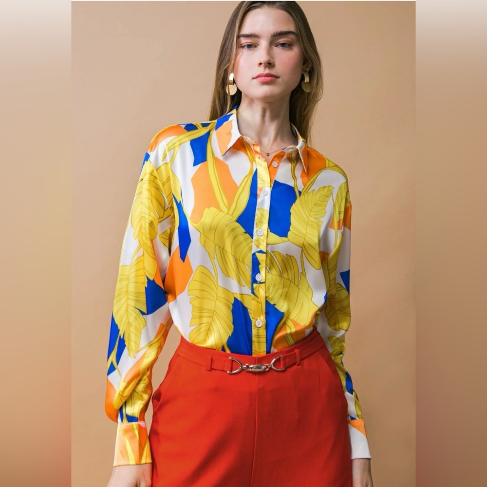 FLYING TOMATO Listen To Her Satin Ivory Yellow Orange Blue Abstract Print Blouse